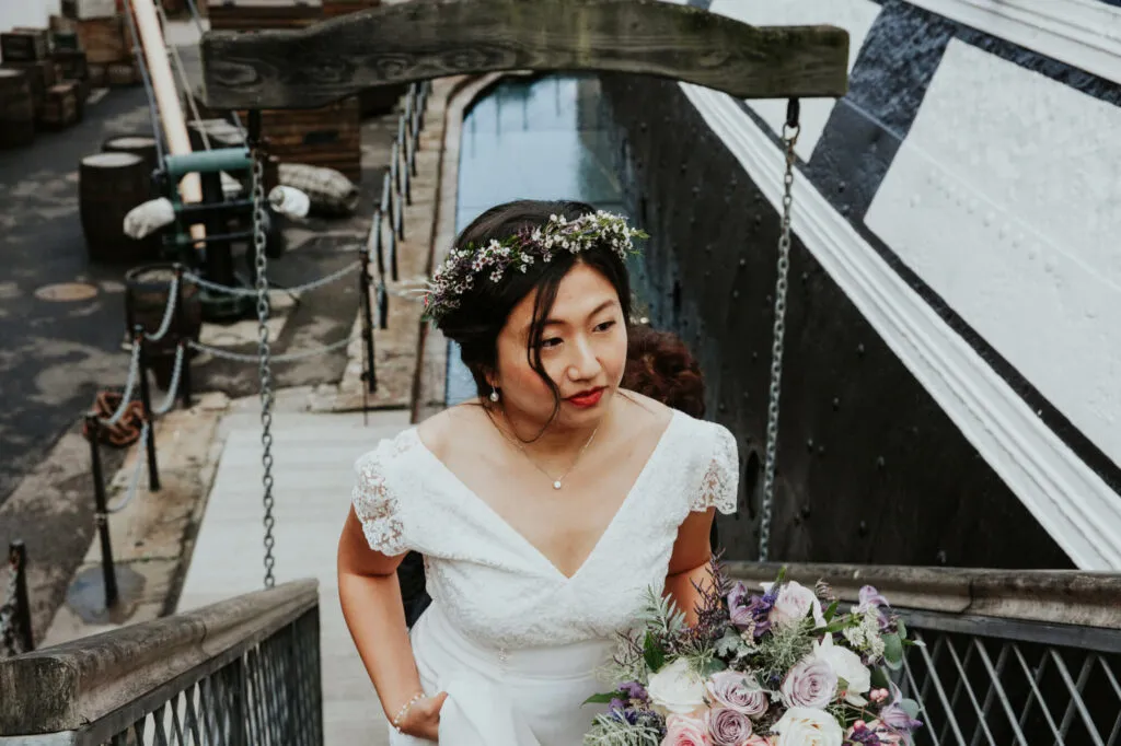 Bride walking up the steps of the SS Great Britain